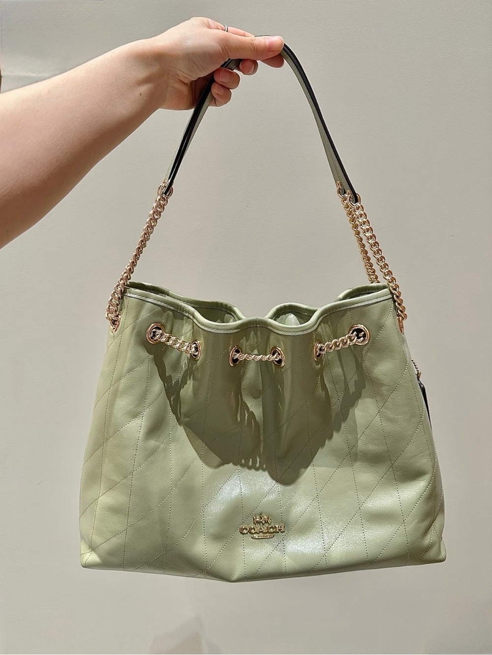NWT！COACH Evelyn Shoulder Bag With Quilting（CDR00）Gold/Pistachio